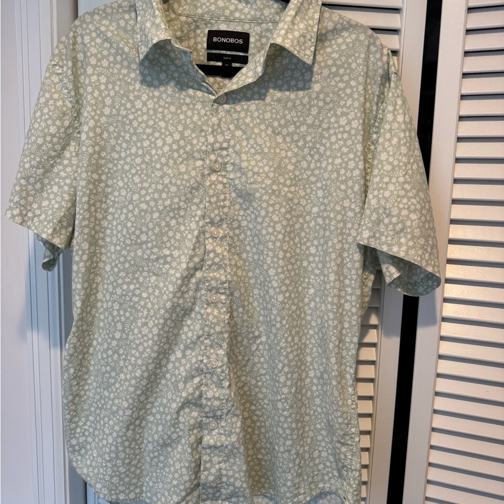 Bonobos Green Floral Short Sleeve Shirt (Slim Fit, Size XL)